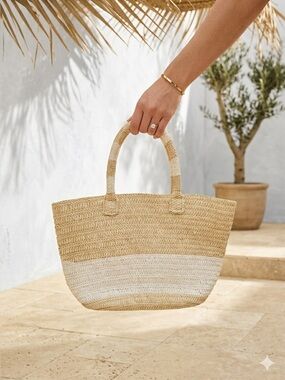 Natural straw beach tote bag with cream stripe